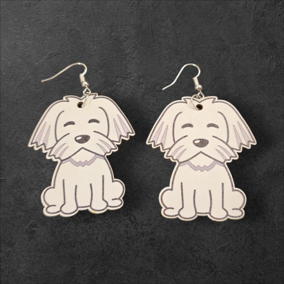 Wooden Dog Dangle Earrings Material: wood and alloy There may be slight impe - Picture 1 of 2